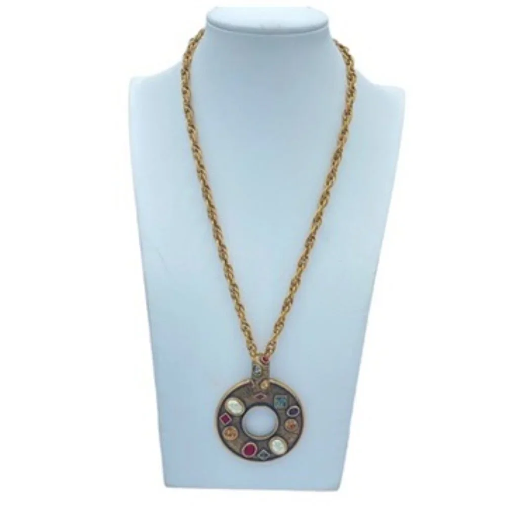 Designer CHICO Large Vintage Circle Pendant Rhinestones Matching Chain RARE